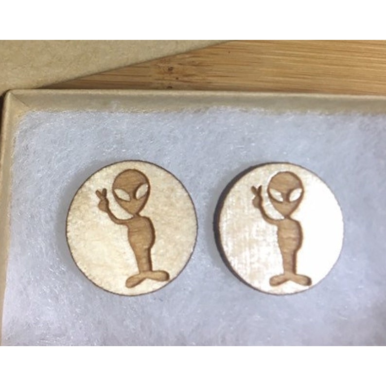 Alien Wood Stud Earrings- customizable - laser engraved Wood Cutout - wood cutout by Growing Tree Gallery